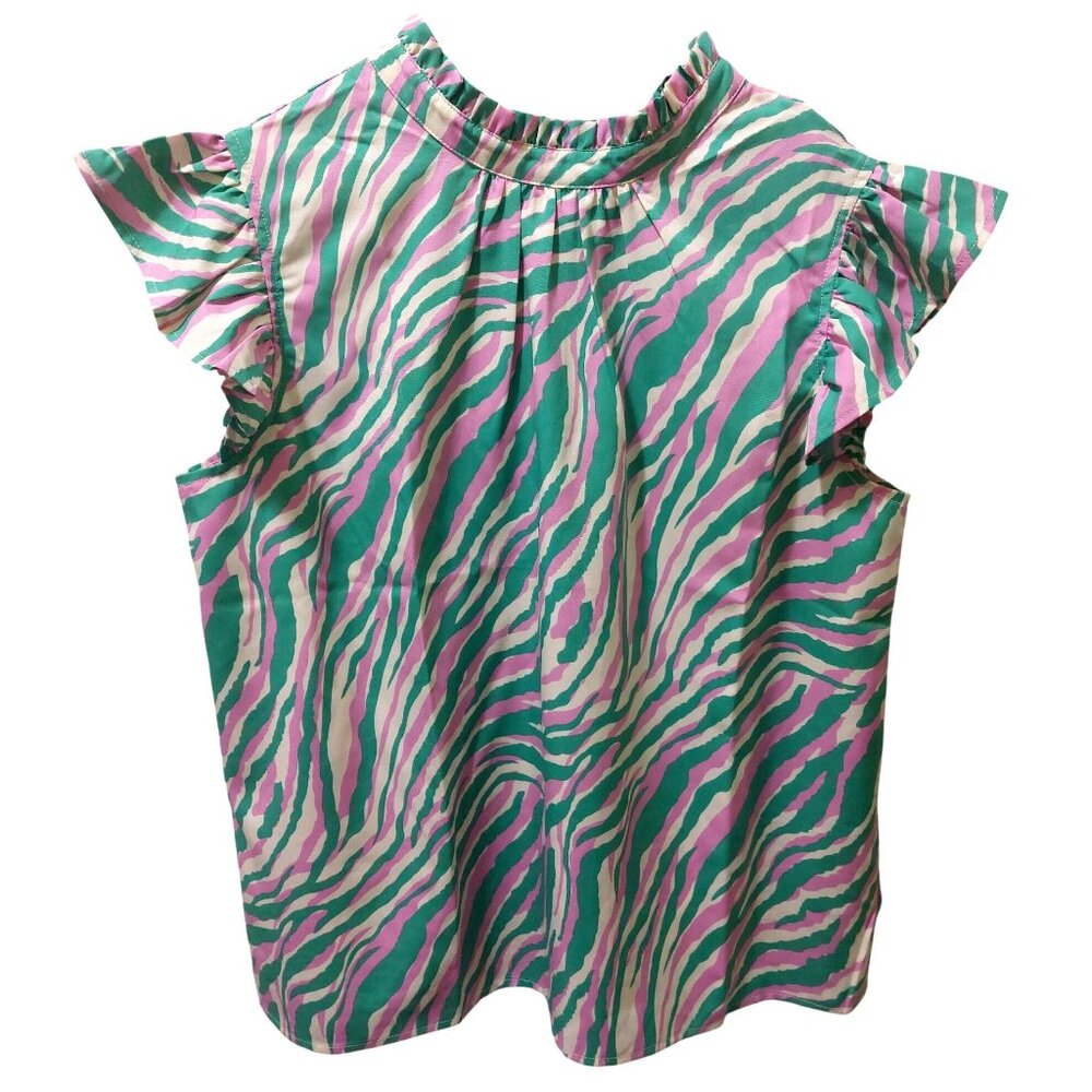 NWT Voy Green/Pink Zebra-Stripe Flutter Sleeve Blouse~Tie Back~SMALL - Picture 8 of 9